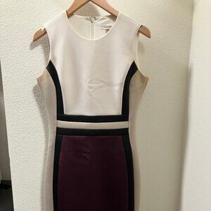 Geometric White, Tan, and Dark Purple Calvin Klein Sleeveless Dress, Size 2